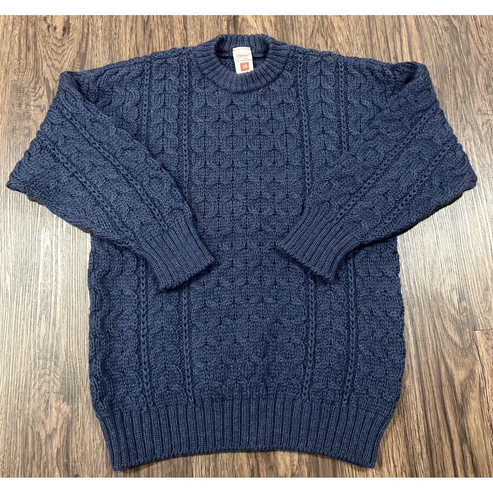 St. Michael Navy Blue 100% British Wool Cable Knit Jumper Vintage UK 16